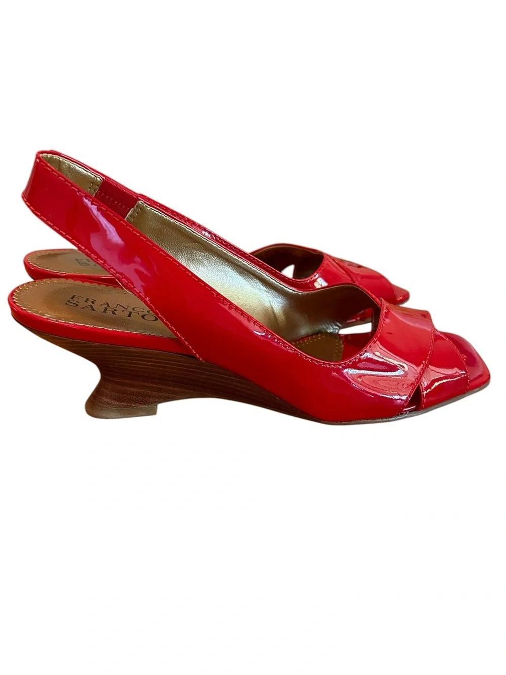 Franco Sarto Slim Wedge Red Patent Slingback Peep-toe Sculptural Heel 8 1/2